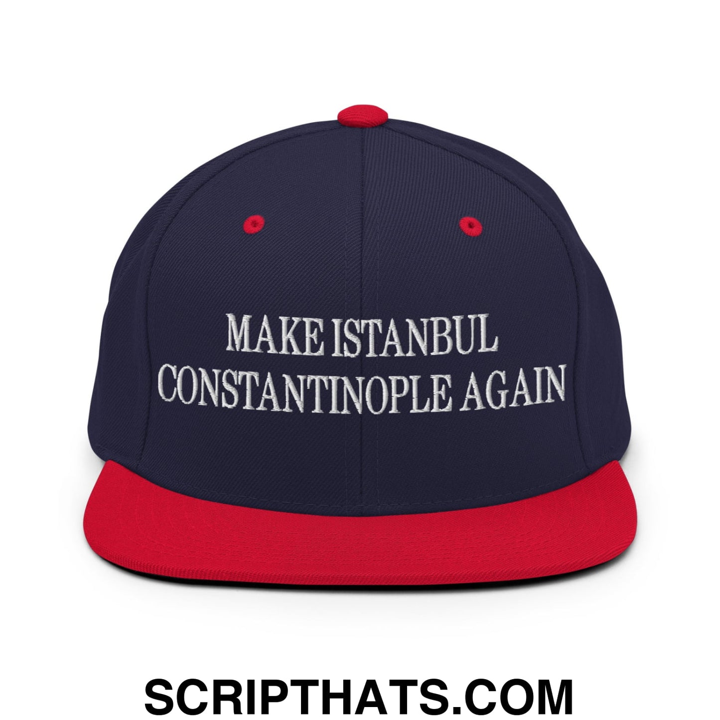 Navy blue snapback cap with red brim and white embroidered make Istanbul Constantinople again text on front