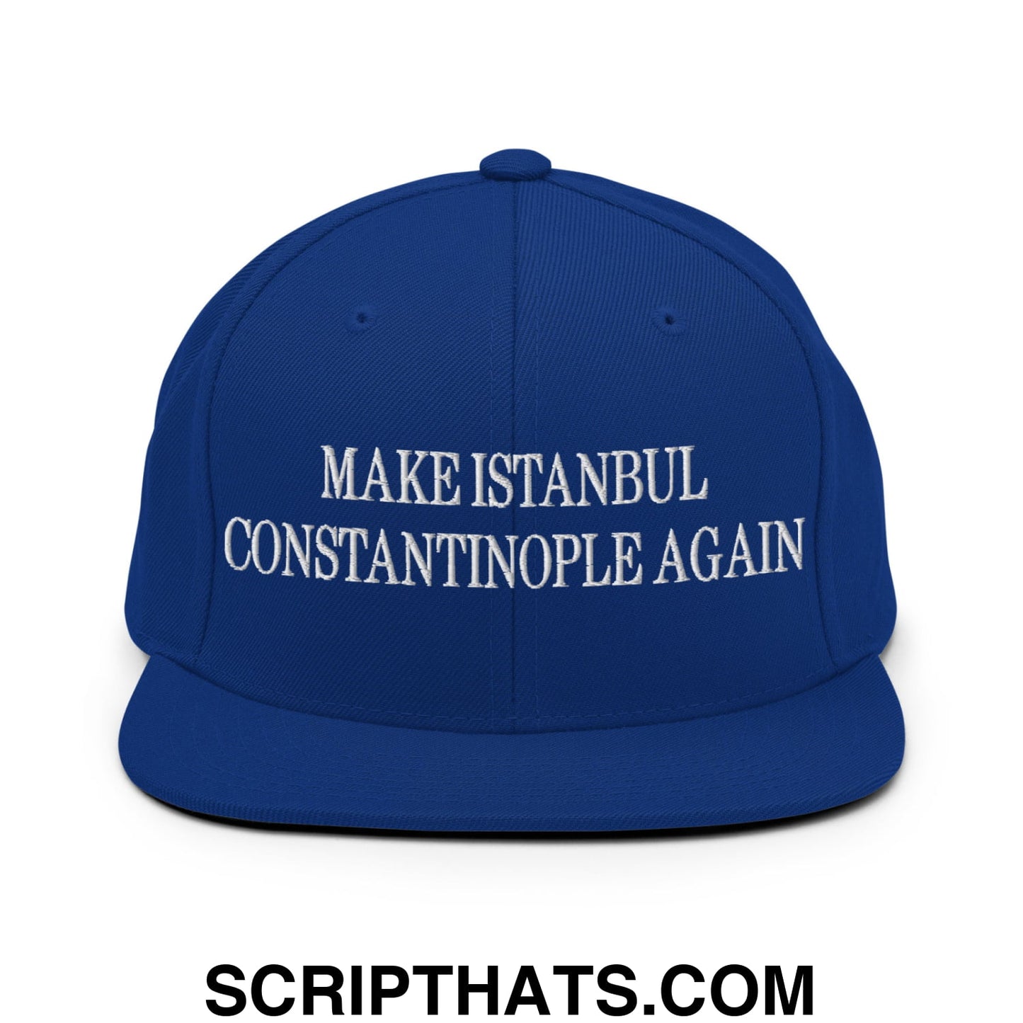 Royal blue snapback cap with white embroidered make Istanbul Constantinople again text on flat bill brim
