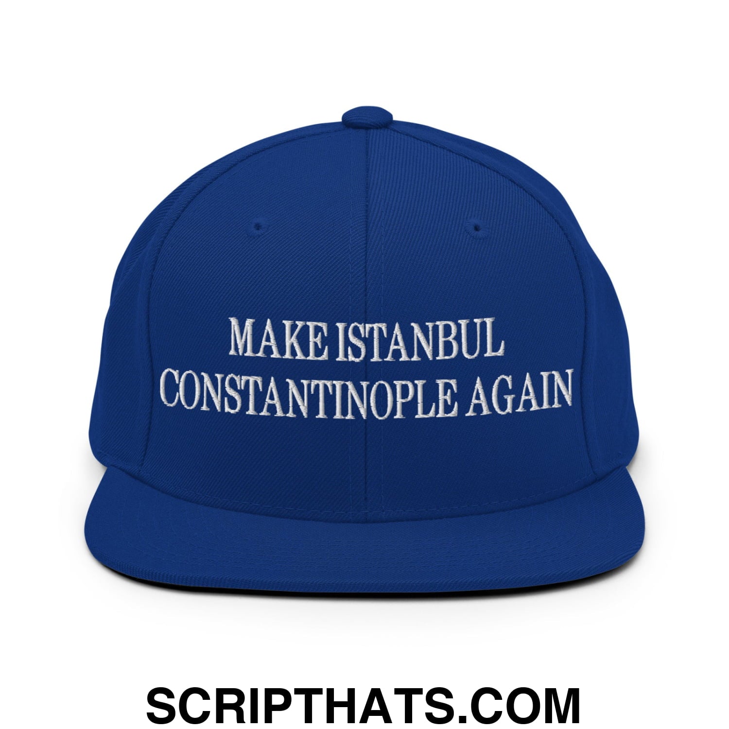 Royal blue snapback cap with white embroidered make Istanbul Constantinople again text on flat bill brim