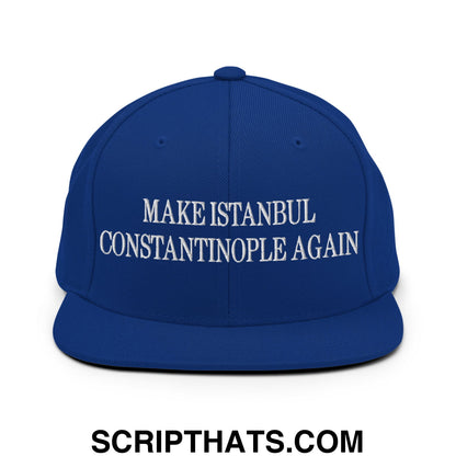 Royal blue snapback cap with white embroidered make Istanbul Constantinople again text on flat bill brim