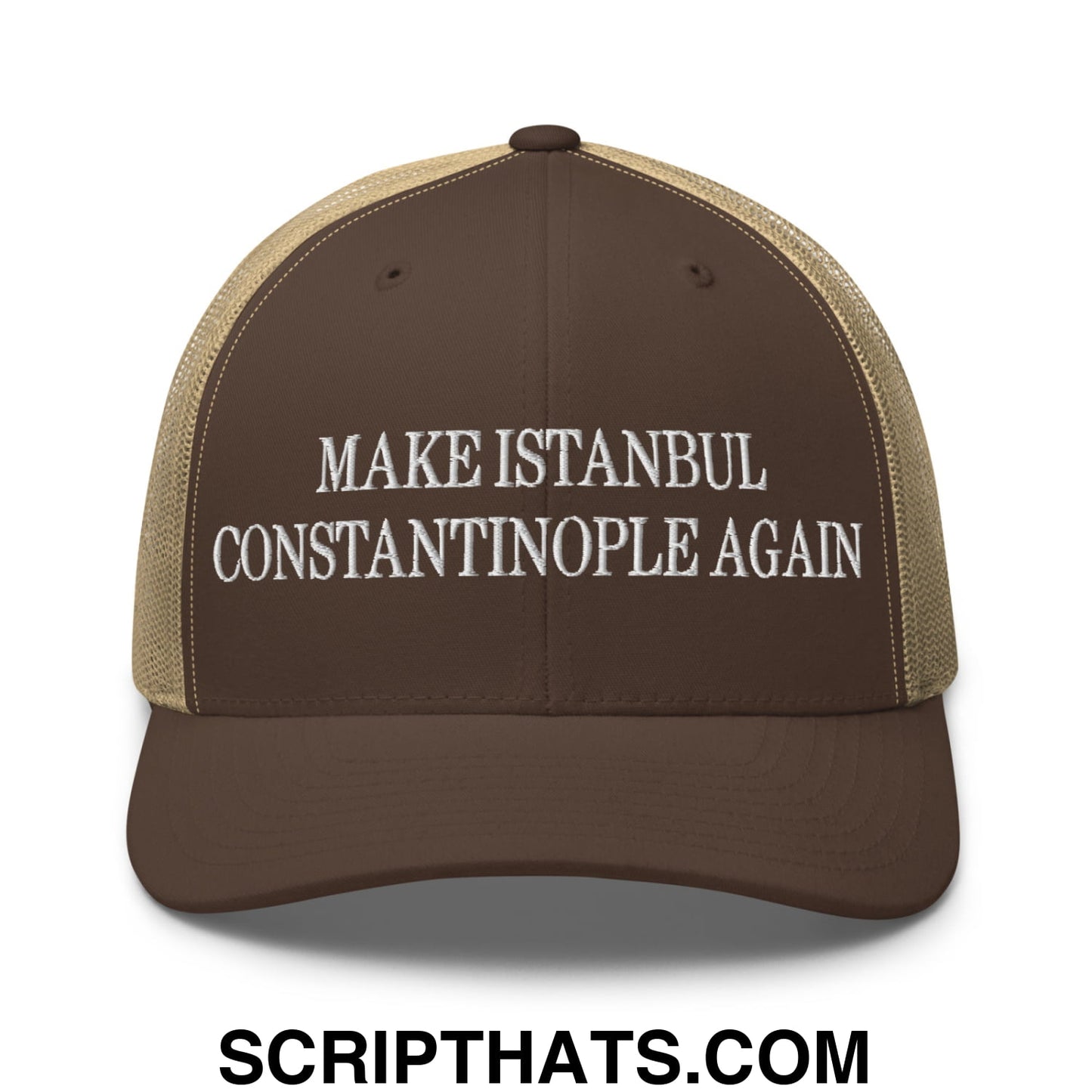 Brown and tan mesh trucker hat with white embroidered make istanbul constantinople again text