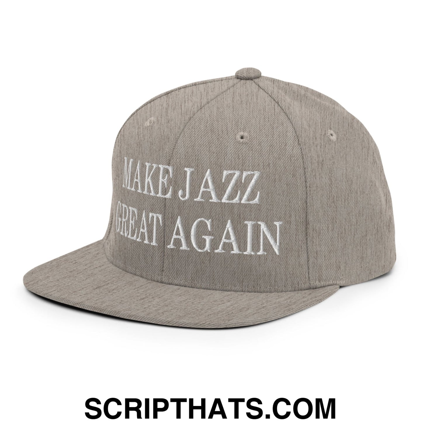 Gray flat bill snapback hat with white embroidered text make jazz great again in a casual streetwear style