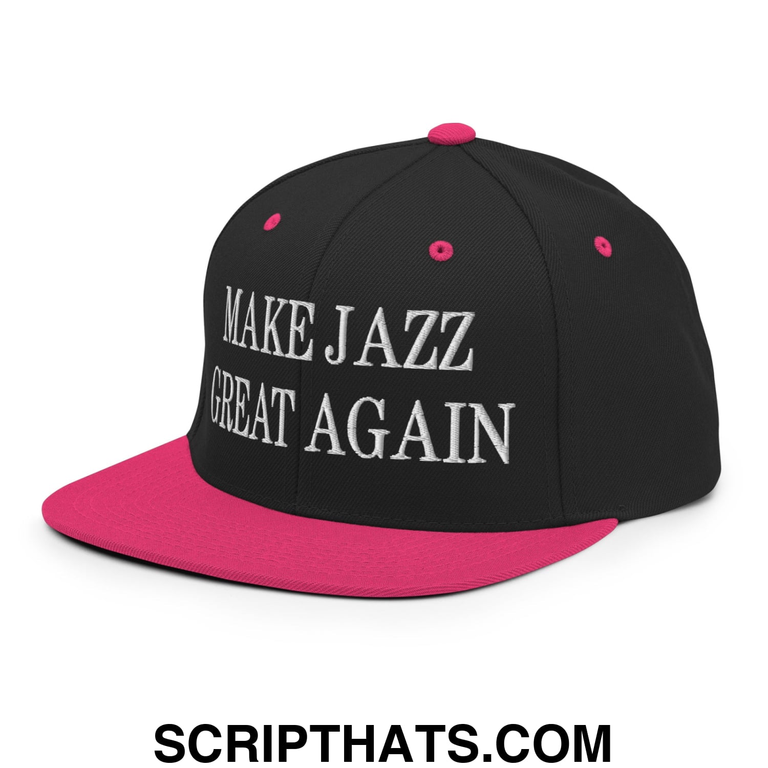 Black snapback cap with vibrant pink brim and button featuring white embroidered make jazz great again text