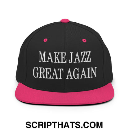 Black snapback cap with vibrant pink brim and white embroidered text make jazz great again flat bill hat