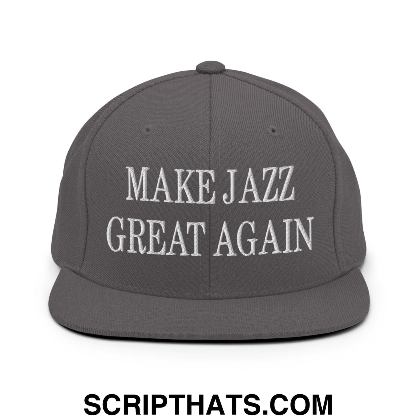 Dark gray snapback hat with white embroidered make jazz great again text and flat bill brim design