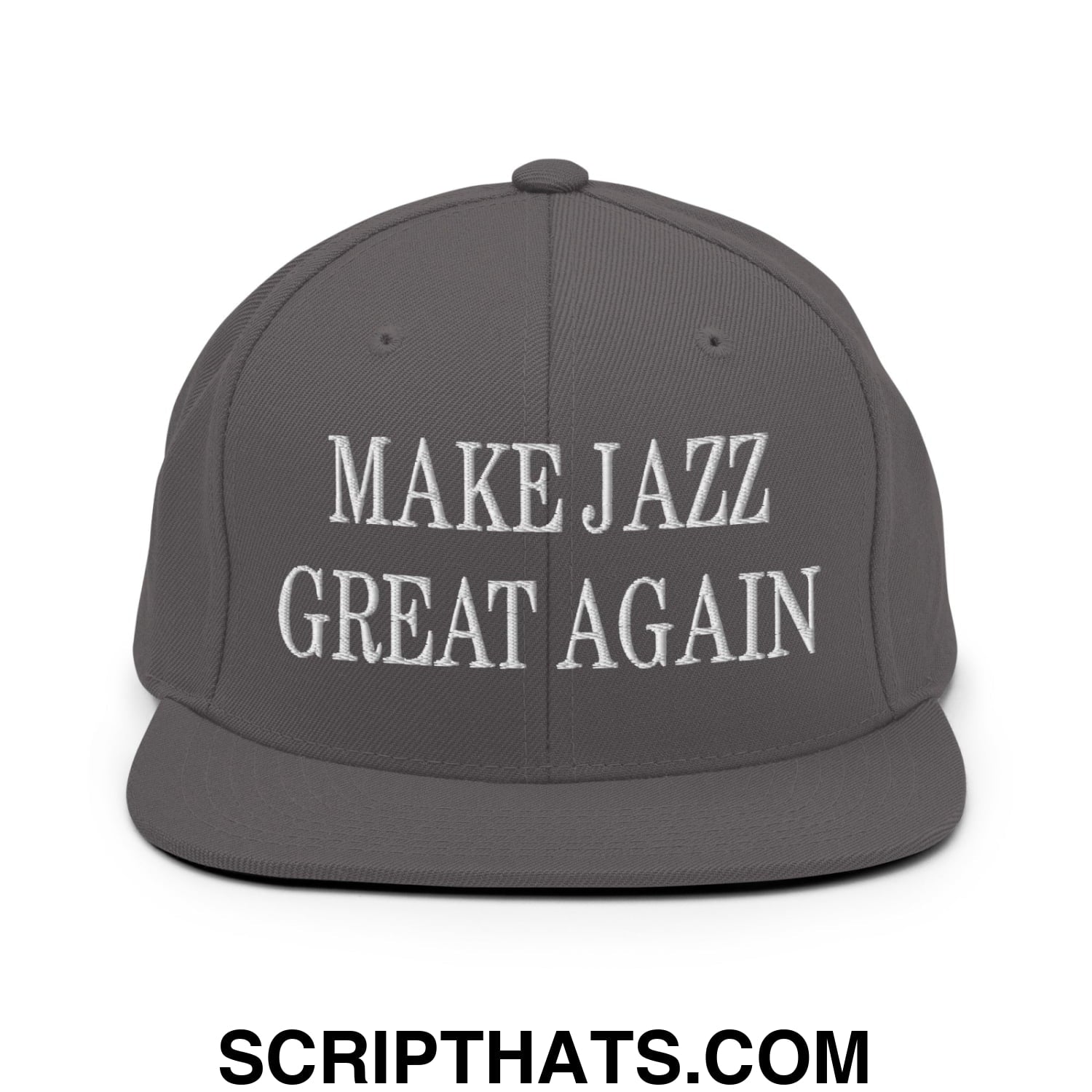 Dark gray snapback hat with white embroidered make jazz great again text and flat bill brim design