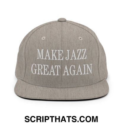 Gray make jazz great again embroidered flat bill brim snapback hat with white text for casual wear
