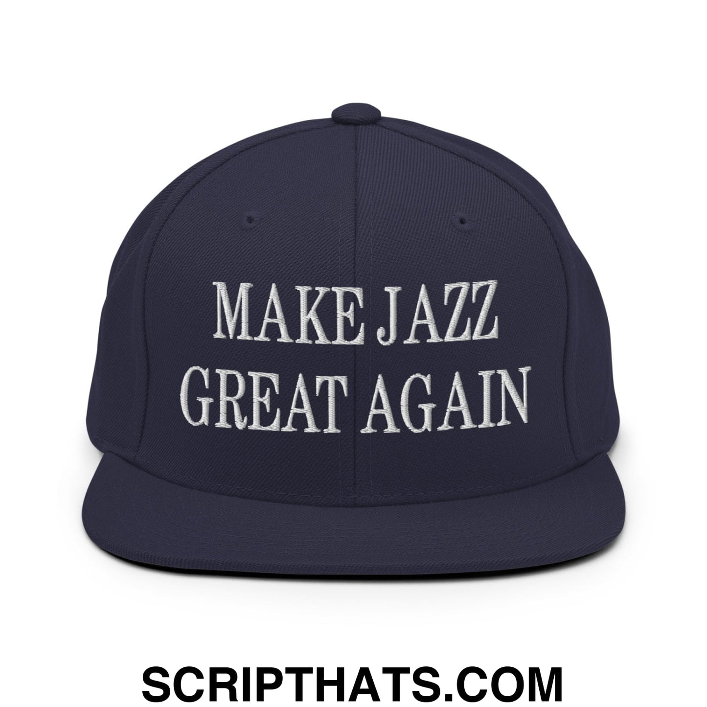 Navy blue embroidered flat bill snapback hat with white text reading make jazz great again for casual wear