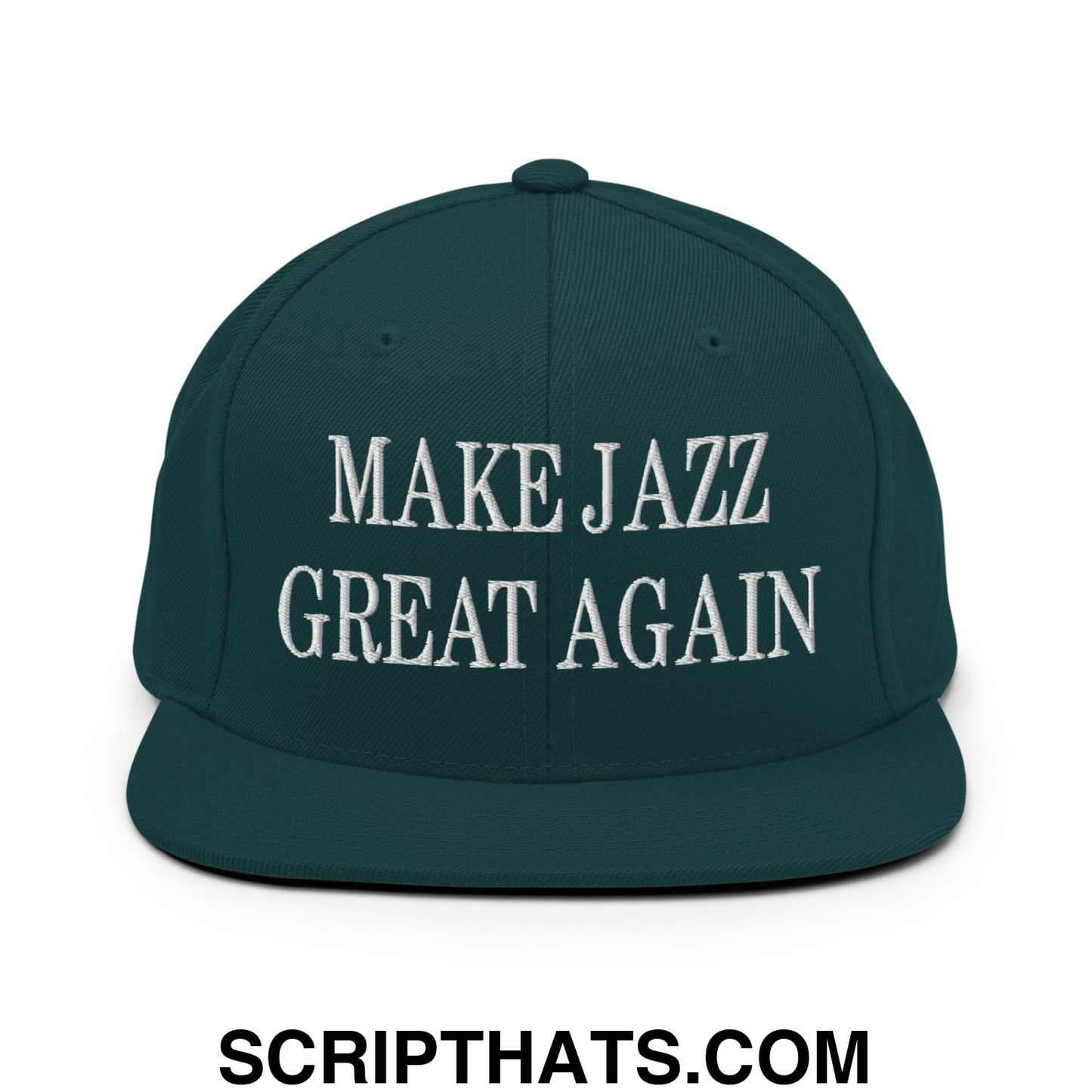 Dark green snapback hat with white embroidered make jazz great again text and flat bill brim design