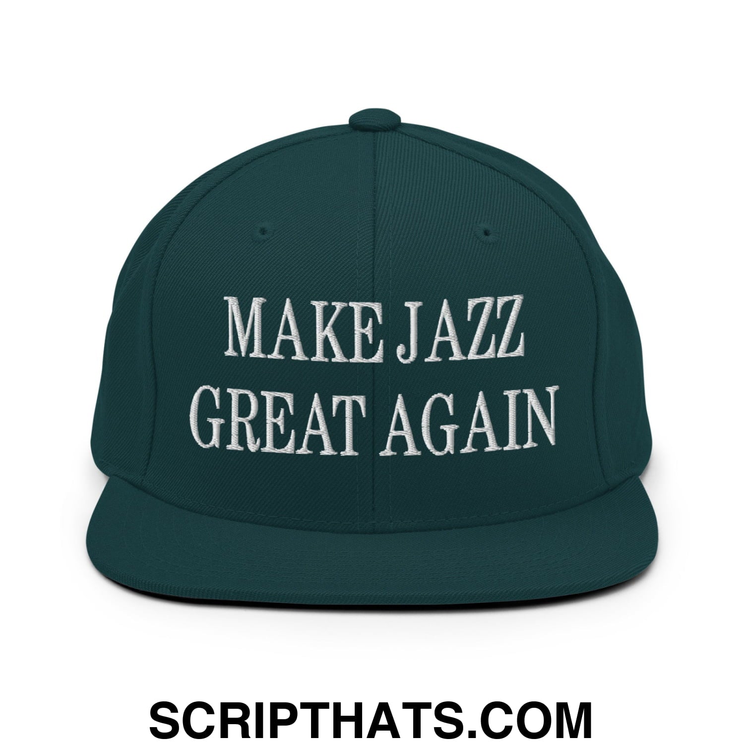 Dark green snapback hat with white embroidered make jazz great again text and flat bill brim design