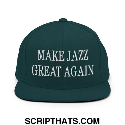 Dark green snapback hat with white embroidered make jazz great again text and flat bill brim design