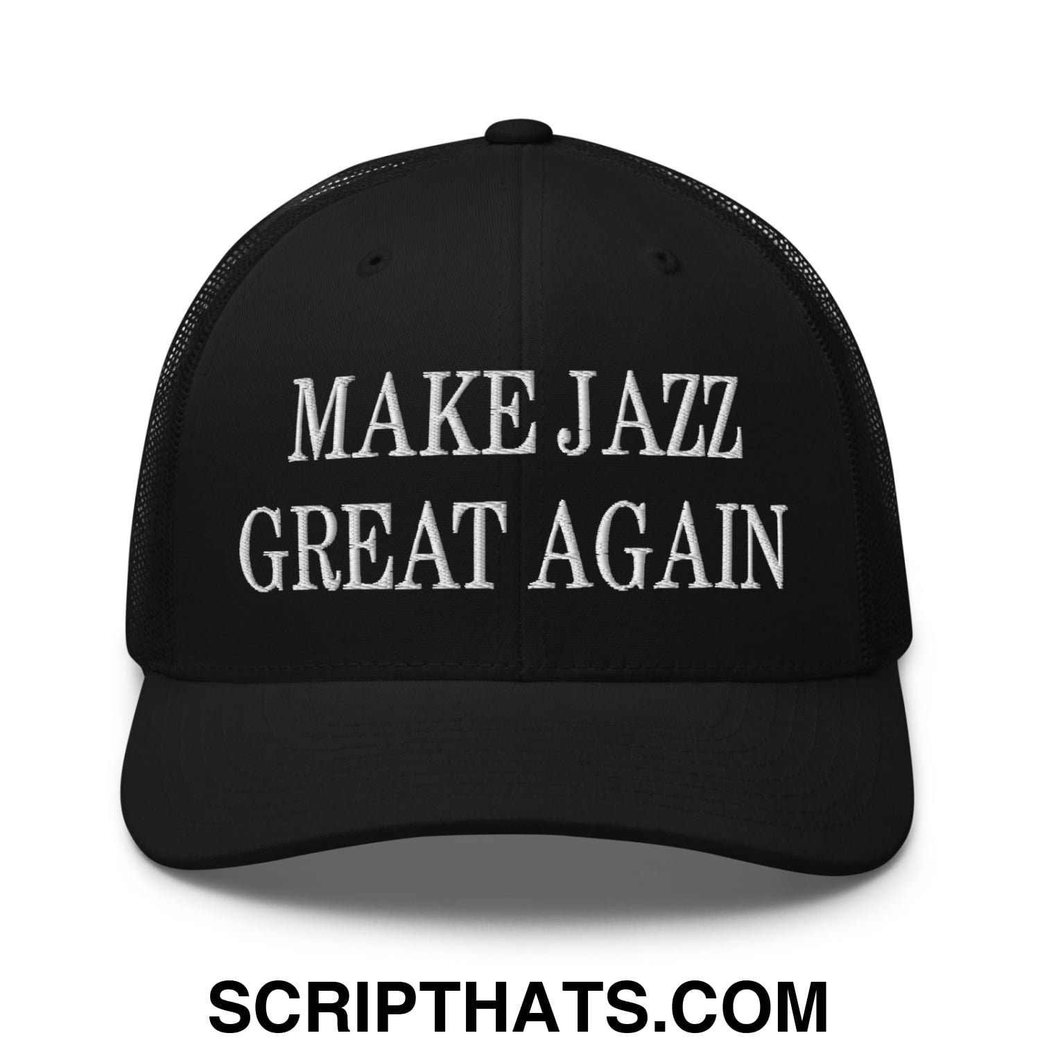 Black mesh trucker hat with white embroidered make jazz great again text on front for casual wear