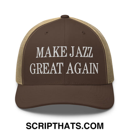 Brown and tan mesh trucker hat with white embroidered text reading make jazz great again