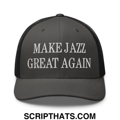 Dark gray embroidered mesh trucker hat with white make jazz great again text on the front panel