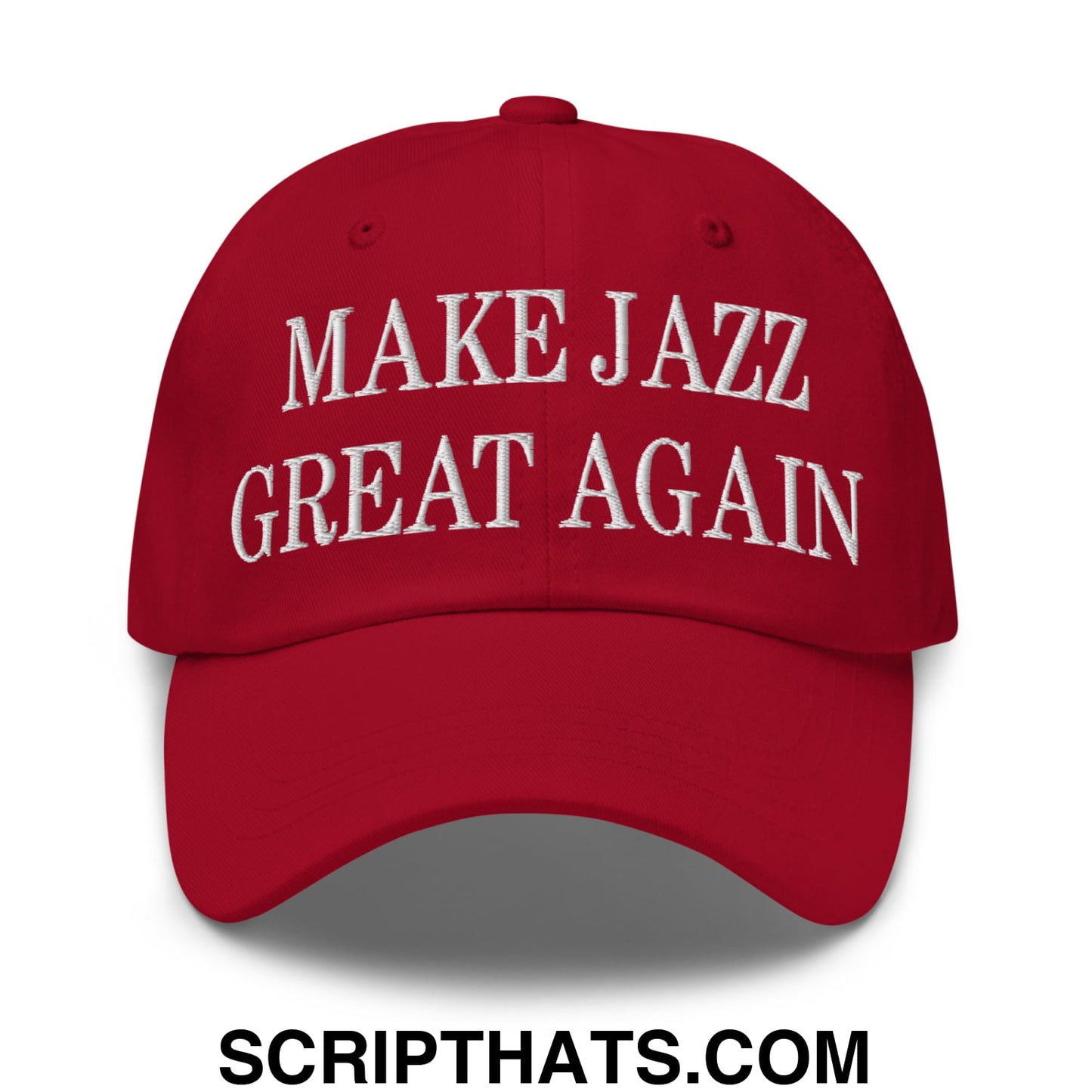 Red embroidered unstructured dad hat with make jazz great again text perfect for casual wear
