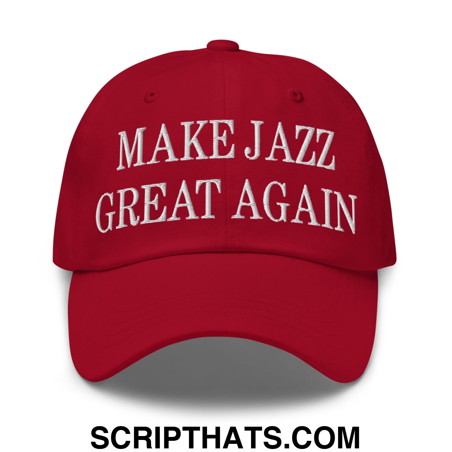 Red embroidered unstructured dad hat with make jazz great again text perfect for casual wear