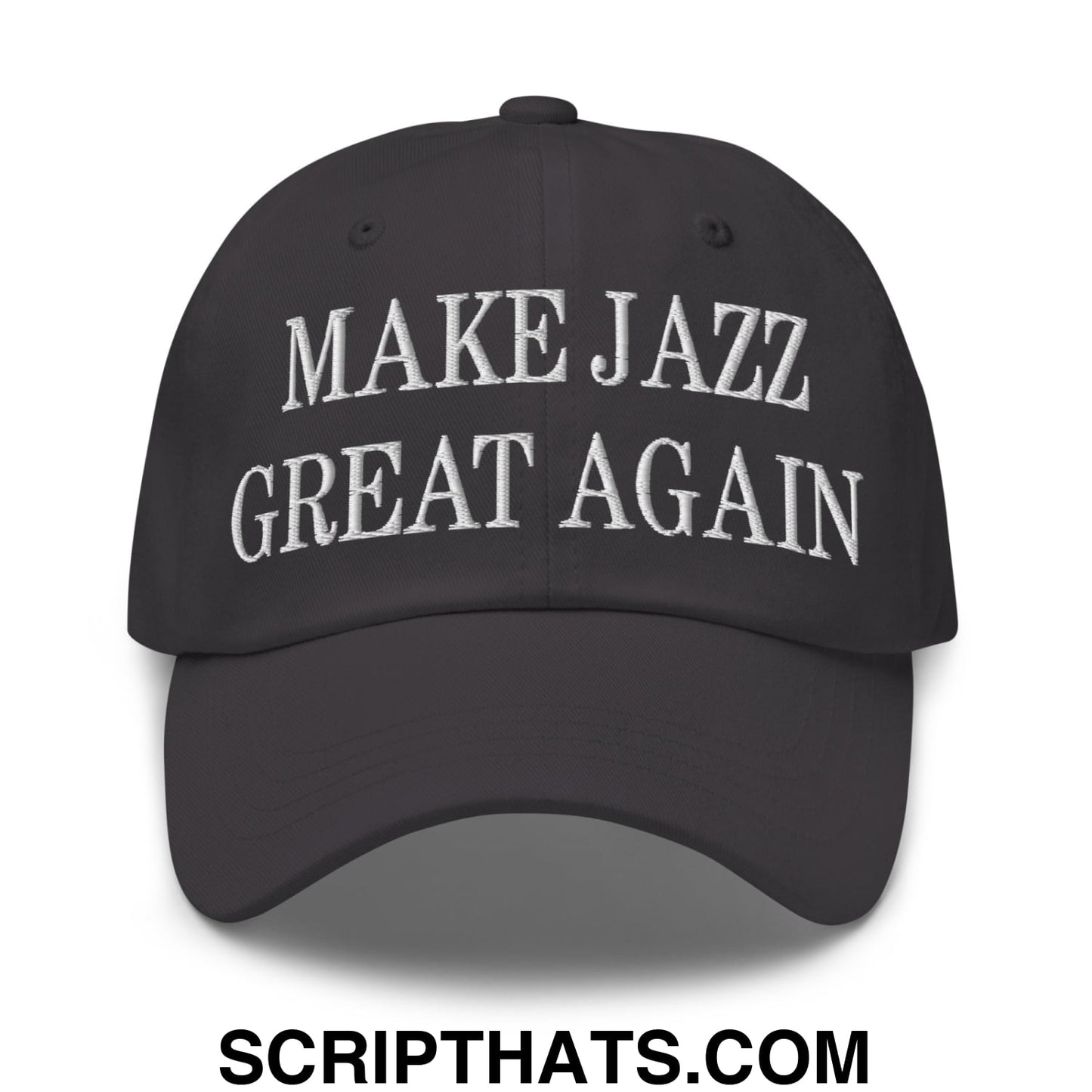 Black unstructured dad hat with white embroidered text make jazz great again for casual wear