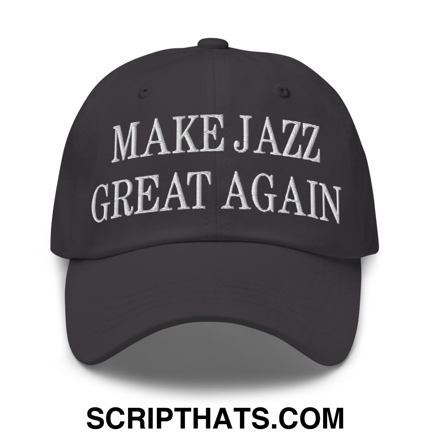 Black unstructured dad hat with white embroidered text make jazz great again for casual wear