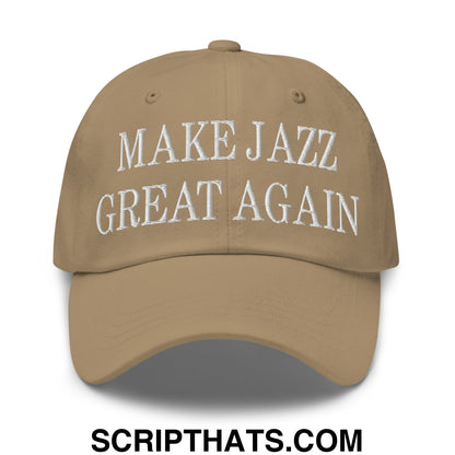 Tan embroidered unstructured dad hat with white make jazz great again text in a casual style baseball cap design