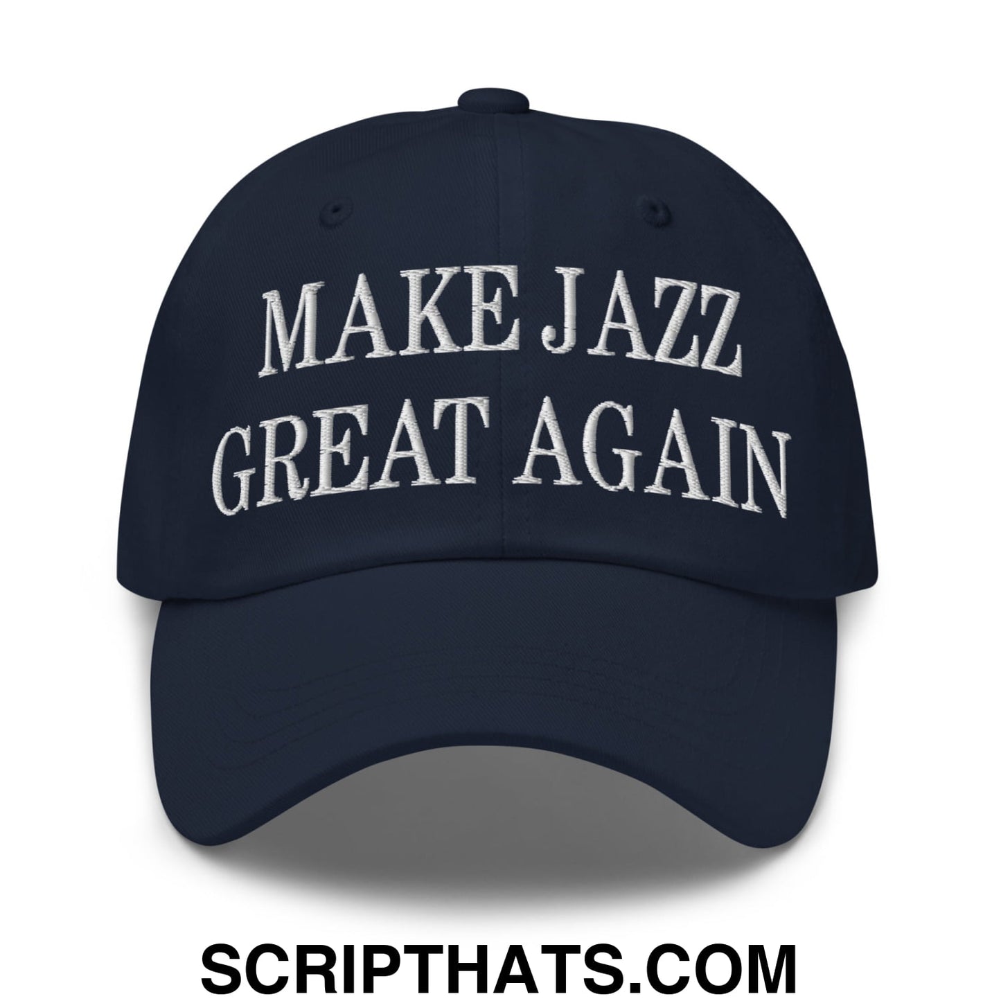 Navy blue unstructured dad hat with white embroidered text make jazz great again for casual wear