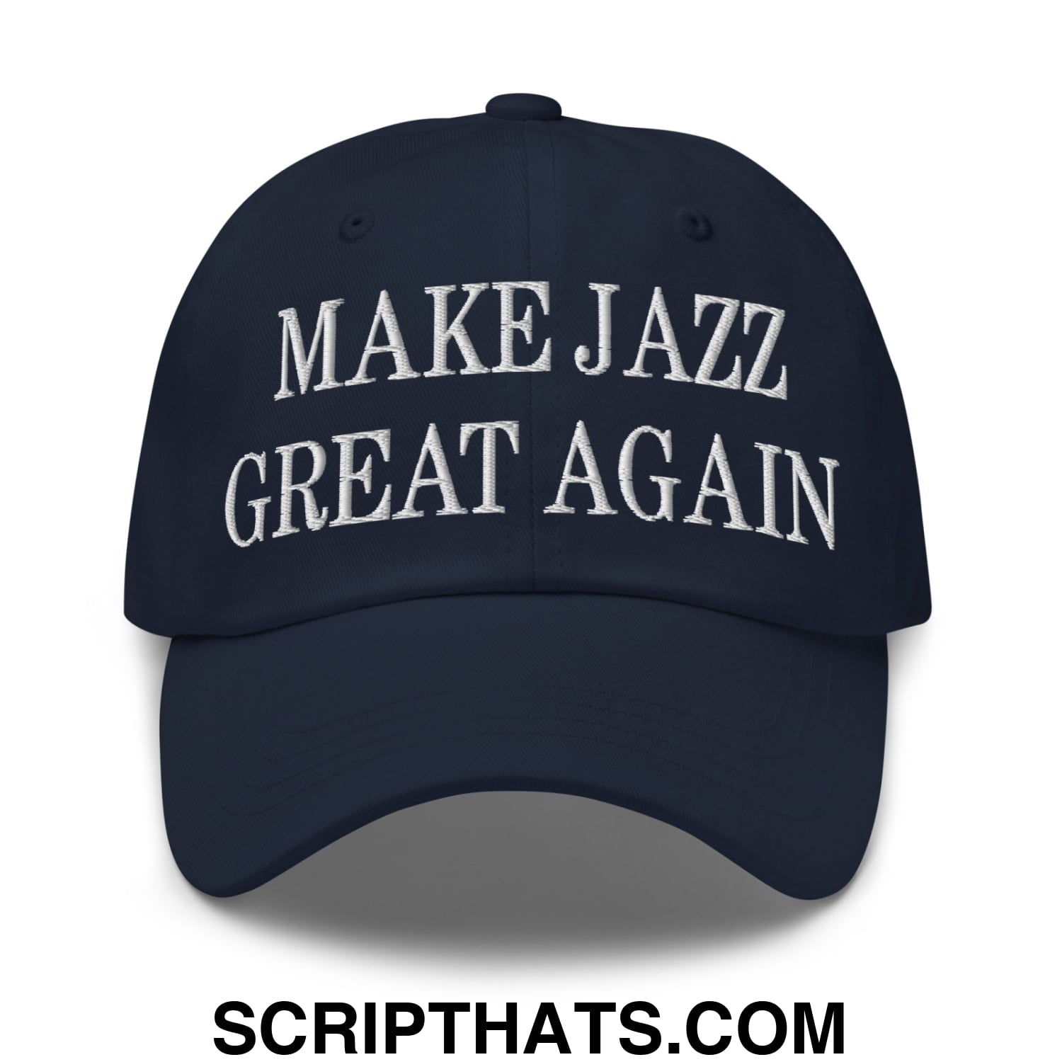 Navy blue unstructured dad hat with white embroidered text make jazz great again for casual wear