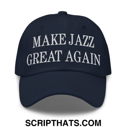 Navy blue unstructured dad hat with white embroidered text make jazz great again for casual wear