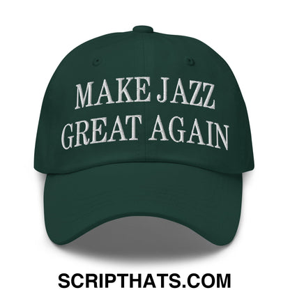 Dark green unstructured dad hat with white embroidered text make jazz great again for casual wear