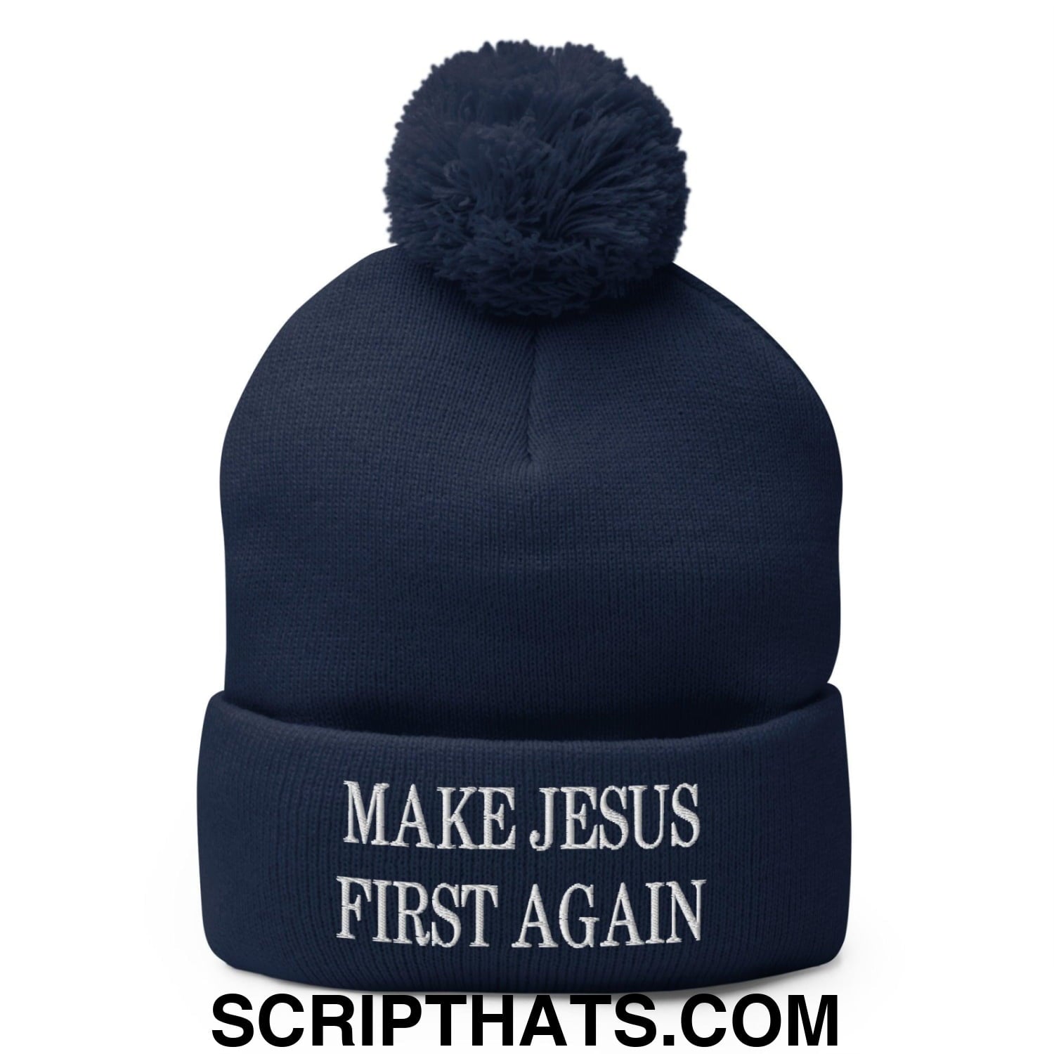 Make Jesus First Again Embroidered Knit Pom Pom Beanie Navy
