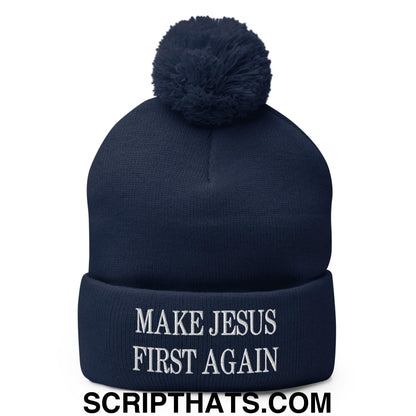 Make Jesus First Again Embroidered Knit Pom Pom Beanie Navy