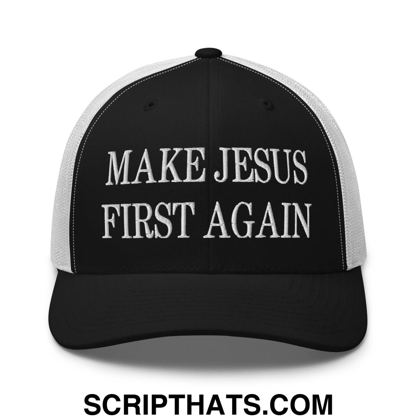 Make Jesus First Again Embroidered Mesh Trucker Hat Black White