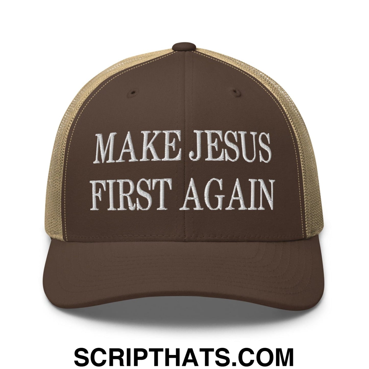 Make Jesus First Again Embroidered Mesh Trucker Hat Brown Khaki