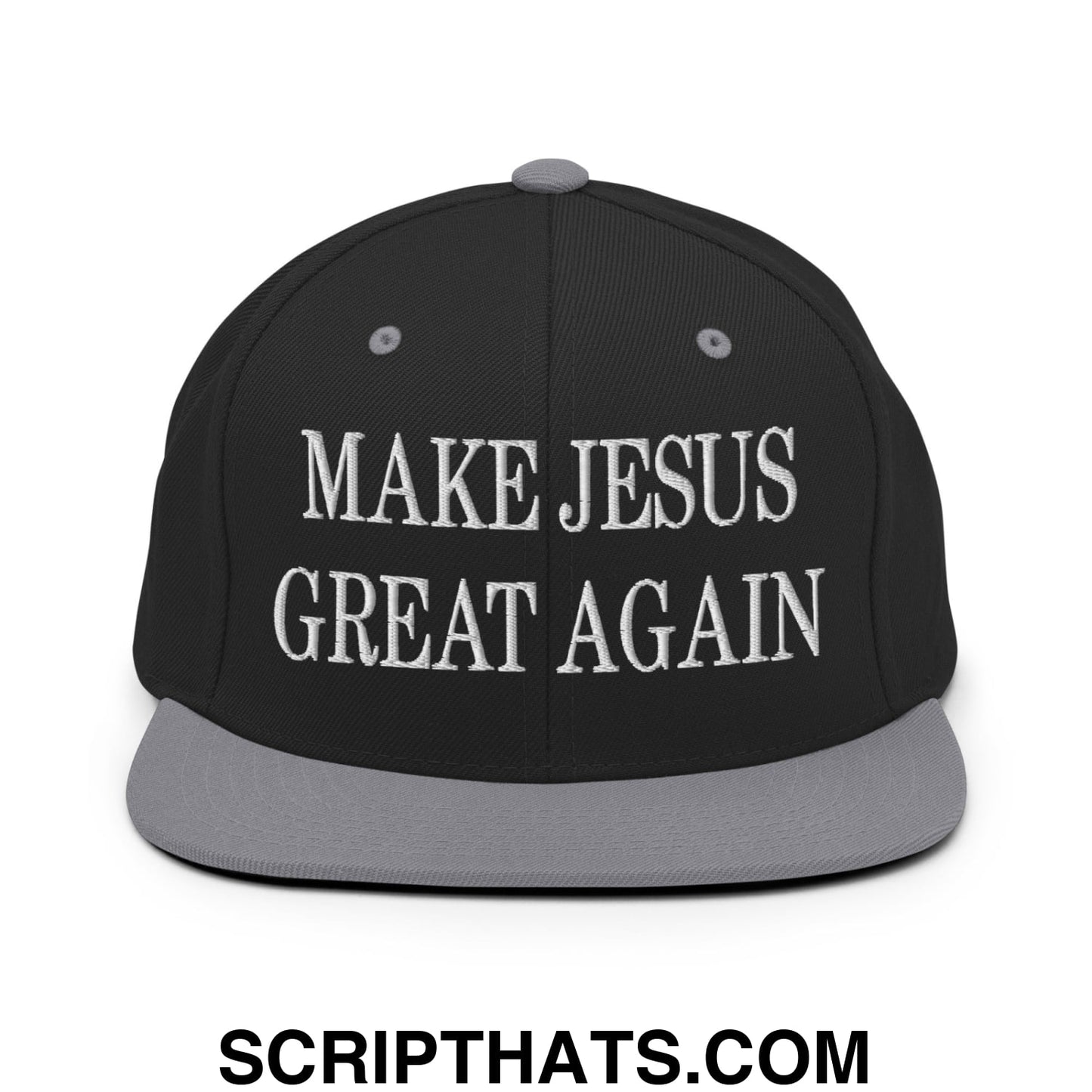 Make Jesus Great Again Embroidered Flat Bill Brim Snapback Hat Black Silver