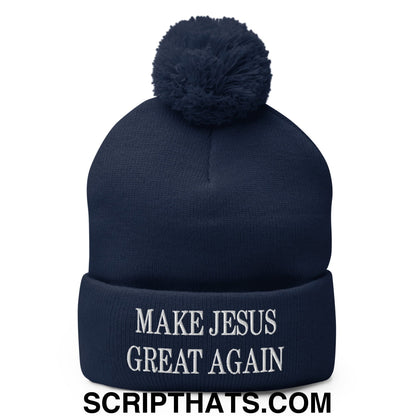Make Jesus Great Again Embroidered Knit Pom Pom Beanie Navy