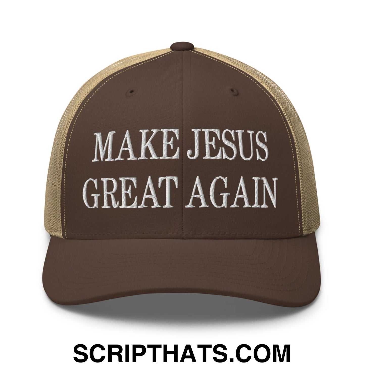 Make Jesus Great Again Embroidered Mesh Trucker Hat Brown Khaki