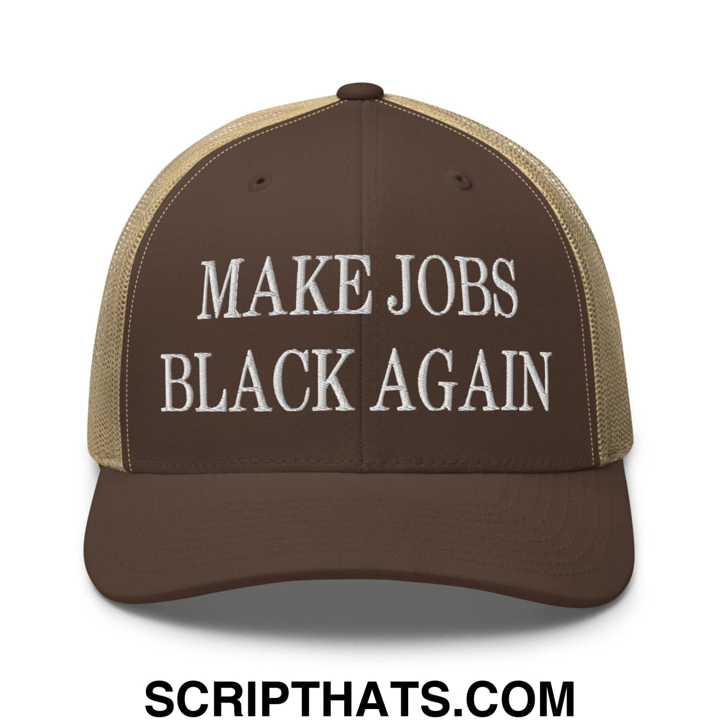 Make Jobs Black Again Embroidered Mesh Trucker Hat Brown Khaki