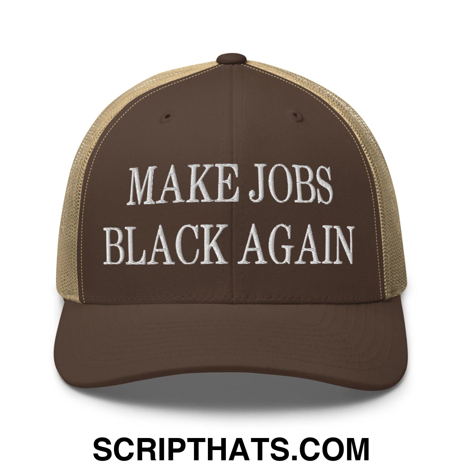 Make Jobs Black Again Embroidered Mesh Trucker Hat Brown Khaki