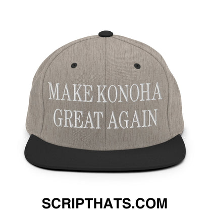 Gray snapback hat with black brim and embroidered white text reading make konoha great again flat bill design