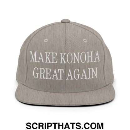 Gray snapback hat with white embroidered make konoha great again text and flat bill brim for casual wear