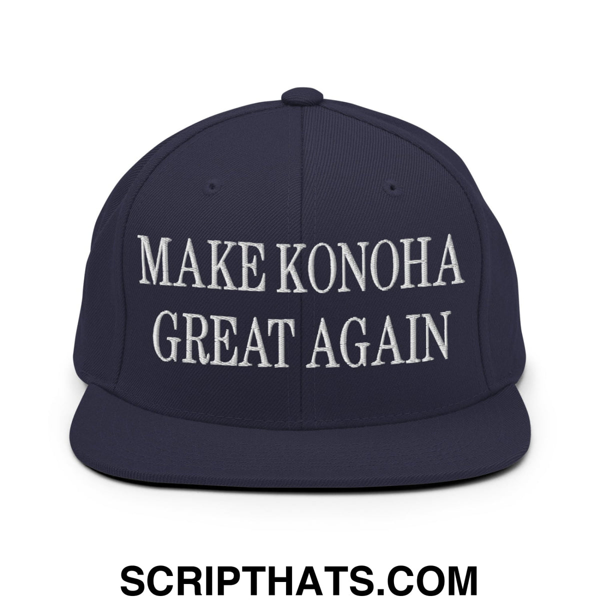 Navy blue snapback hat with white embroidered make konoha great again text and flat bill brim design