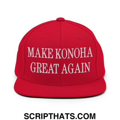 Red snapback cap with white embroidered text make konoha great again and a flat bill brim design