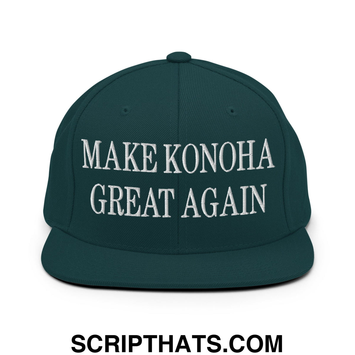 Dark green snapback cap with white embroidered make konoha great again text and flat bill brim design