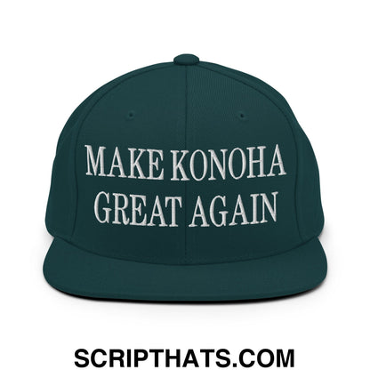 Dark green snapback cap with white embroidered make konoha great again text and flat bill brim design