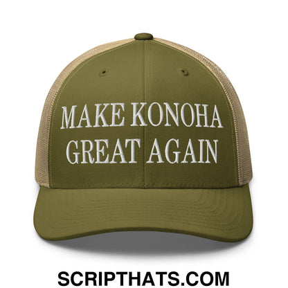 Olive green and tan mesh trucker hat with white embroidered make konoha great again text front view
