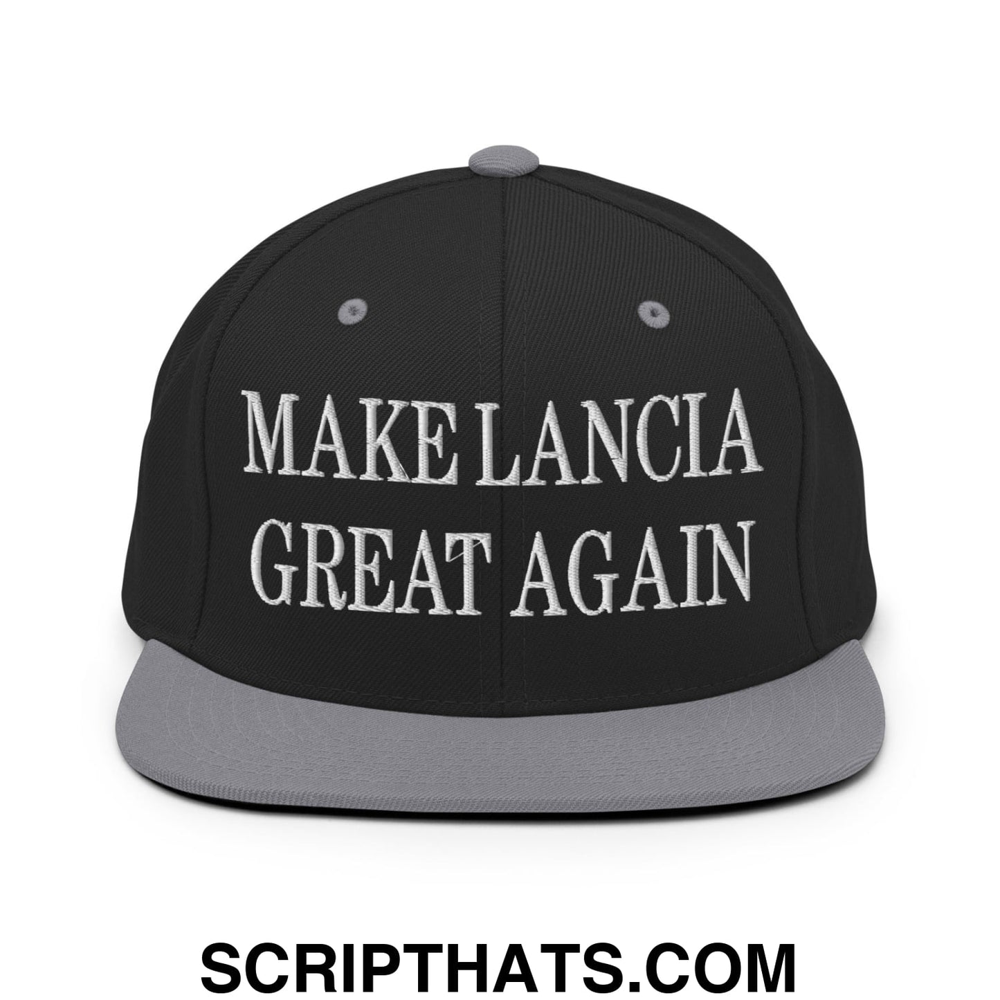 Make Lancia Great Again Embroidered Flat Bill Brim Snapback Hat Black Silver