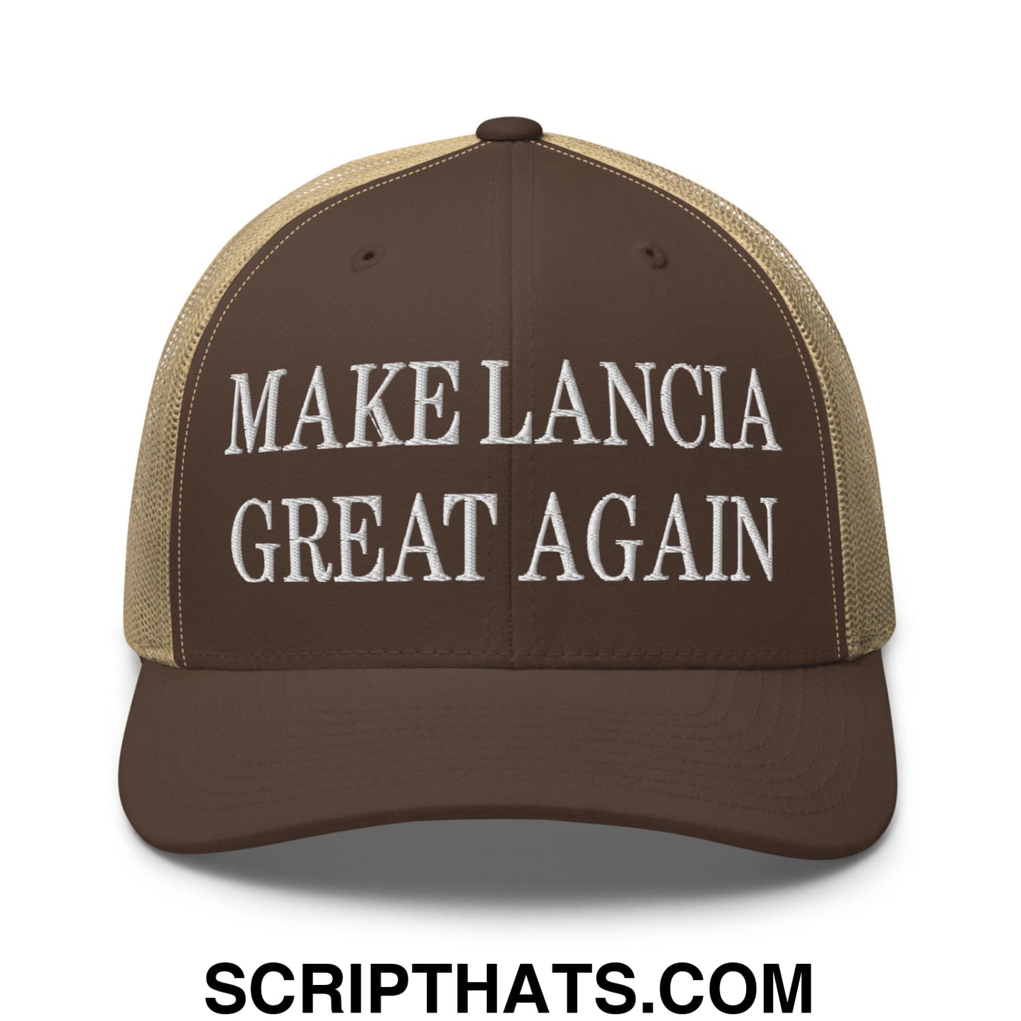 Make Lancia Great Again Embroidered Mesh Trucker Hat Brown Khaki