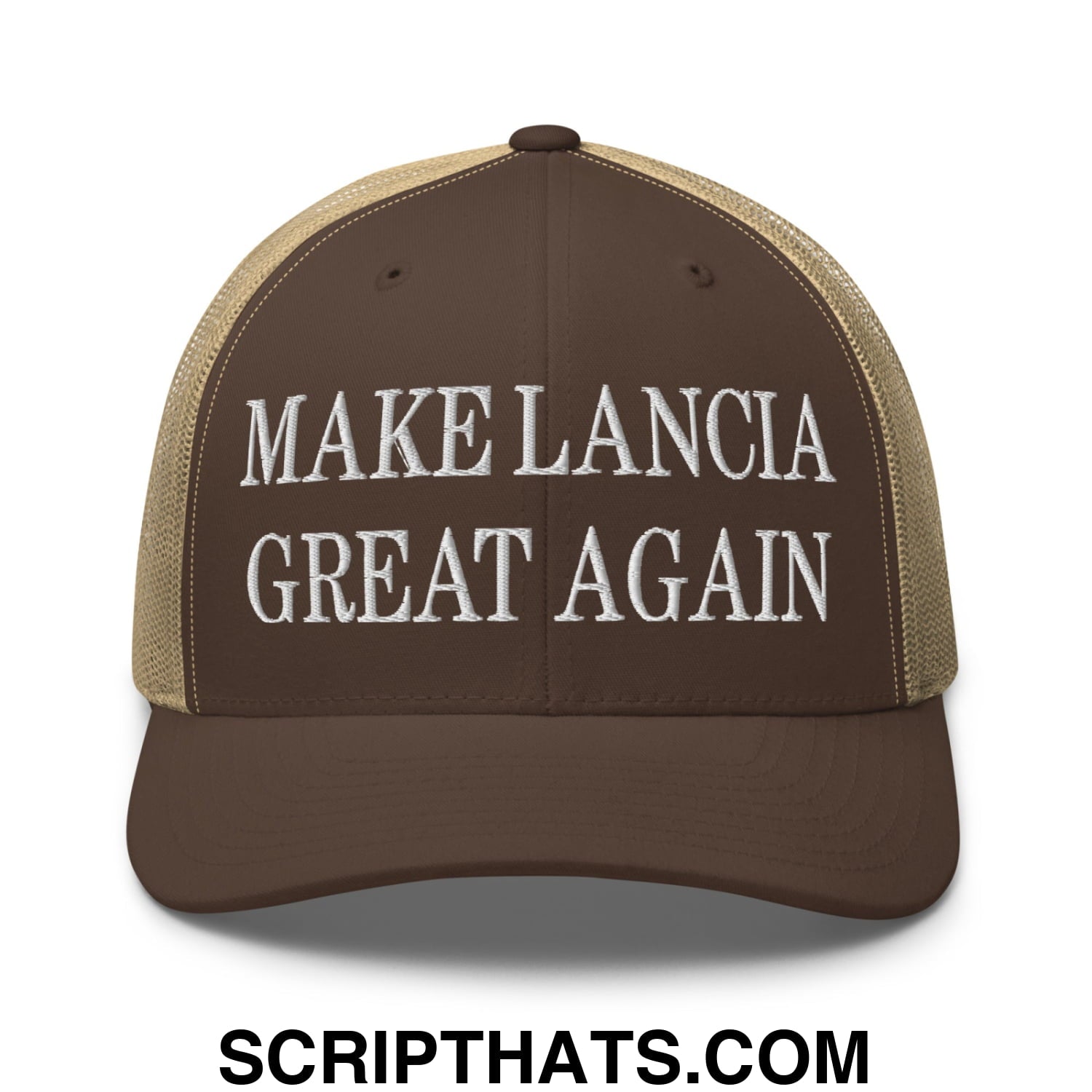 Make Lancia Great Again Embroidered Mesh Trucker Hat Brown Khaki