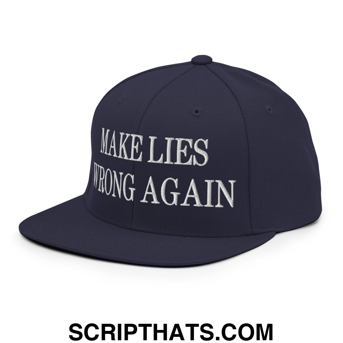 Navy blue snapback hat with white embroidered text make lies wrong again flat bill brim for casual wear