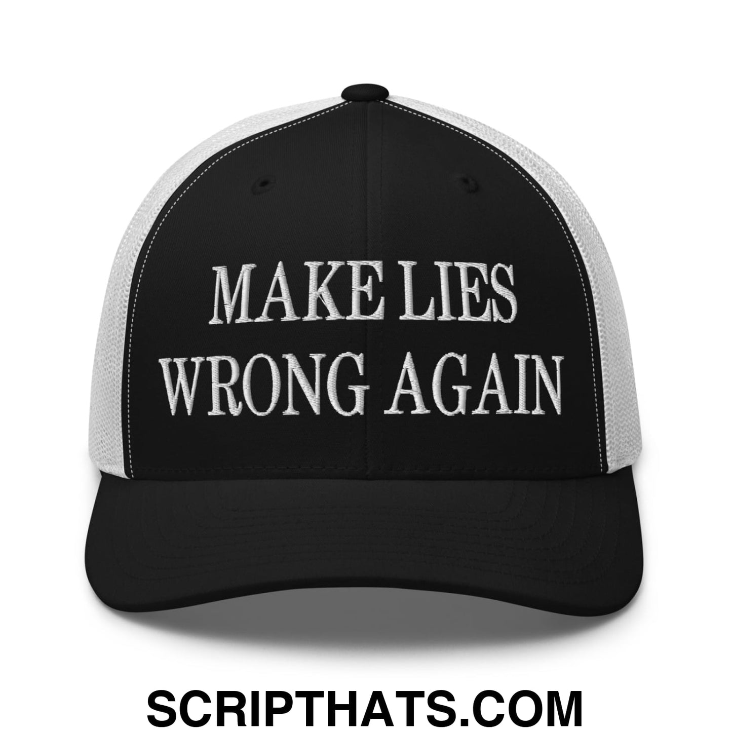 Black and white mesh trucker hat with embroidered text make lies wrong again in bold capital letters