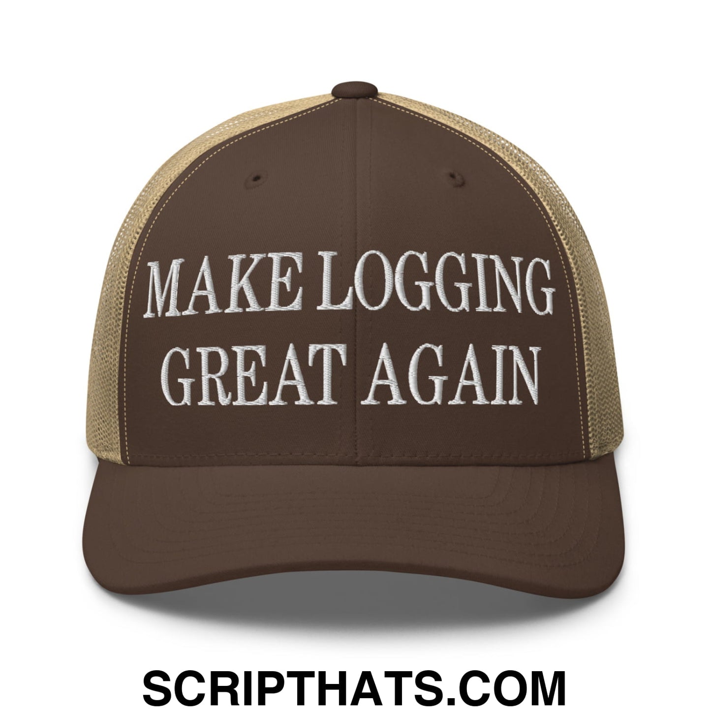 Make Logging Great Again Embroidered Mesh Trucker Hat Brown Khaki