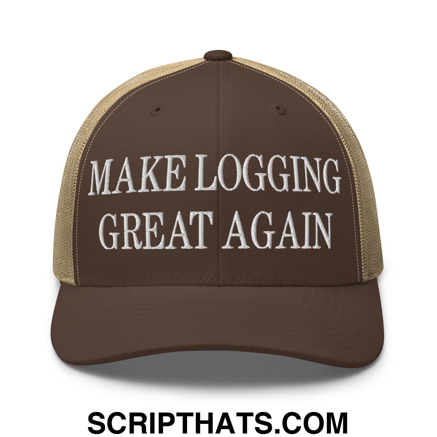 Make Logging Great Again Embroidered Mesh Trucker Hat Brown Khaki